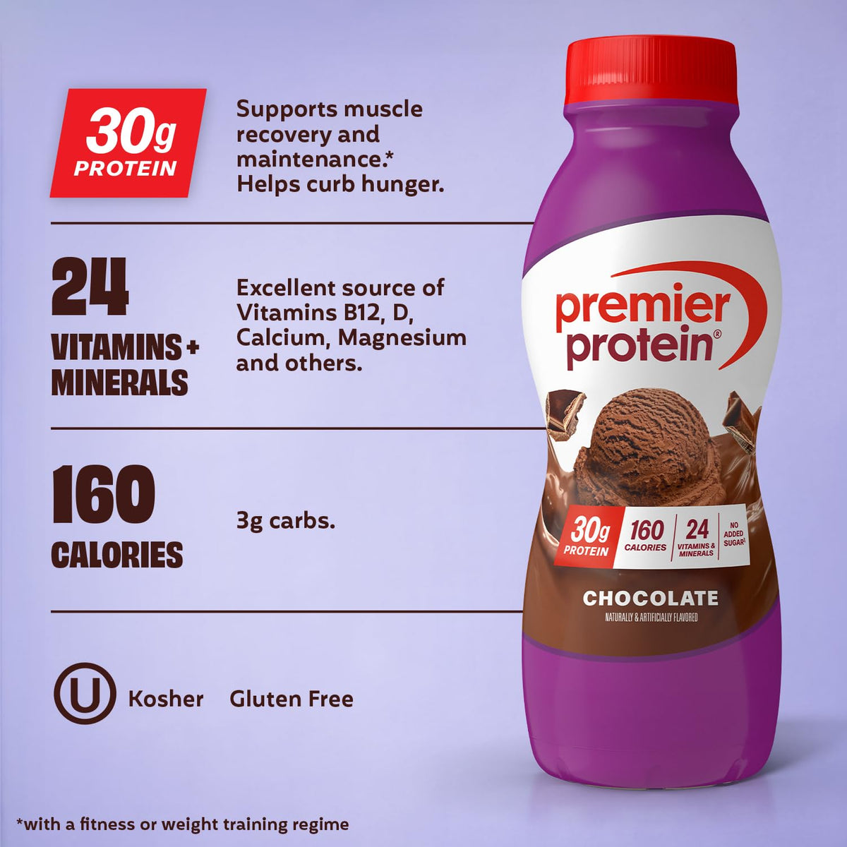 Premier Protein chocolate shake bottle with nutritional information on a purple background