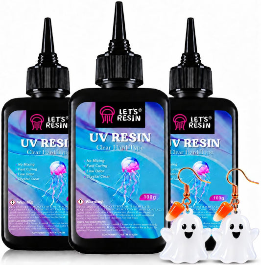 LET'S RESIN clear hard-type UV resin in three black 100g bottles with pointed caps and ghost earring