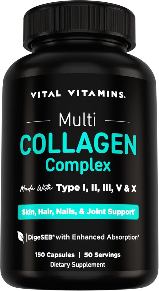 Black bottle of Vital Vitamins Multi Collagen Complex supplement on a white background