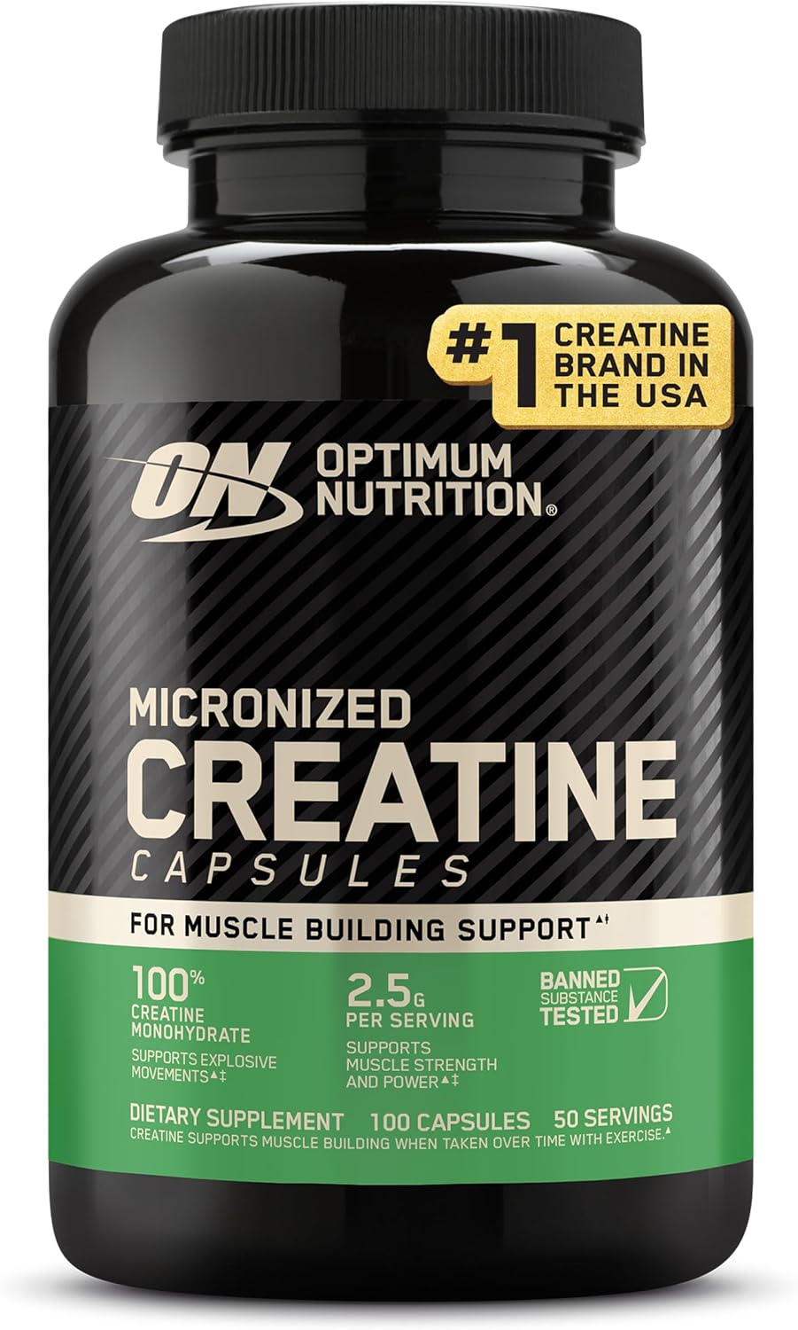 Front: Optimum Nutrition Micronized Creatine Monohydrate Capsules, 100-count bottle