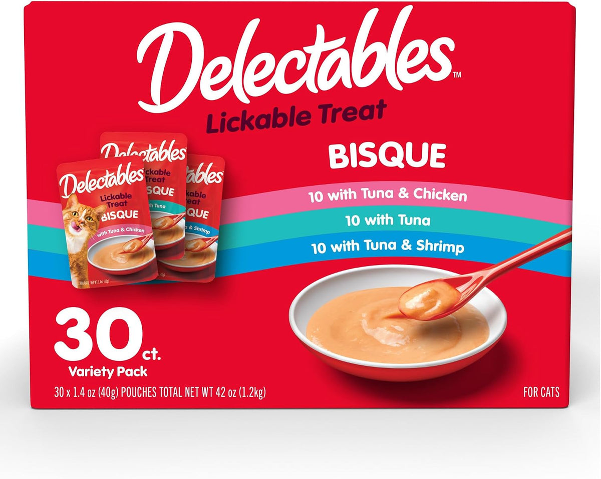 Delectables Bisque lickable cat treats, red 30-pouch variety box with tuna, tuna and chicken, and tuna and shrimp recipes