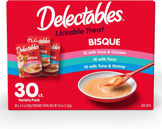 Delectables Bisque lickable cat treats, red 30-pouch variety box with tuna, tuna and chicken, and tuna and shrimp recipes