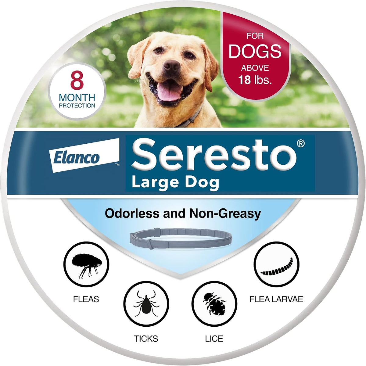 Seresto Large Dog flea and tick collar for dogs over 18 lb, round package featuring a yellow Labrador and gray collar