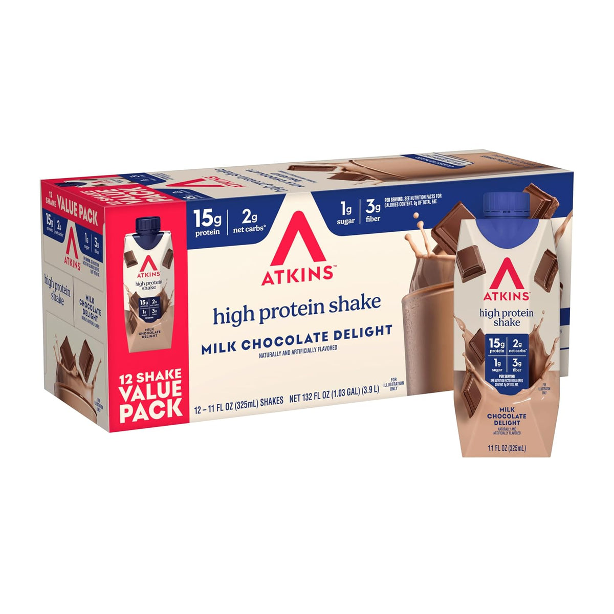 A 12-shake value pack of Atkins High Protein Shake in Milk Chocolate Delight flavor, shown as a cardboard multipack box with one individual shake carton and a single-serve packet in front on a white background.