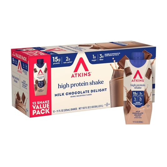 A 12-shake value pack of Atkins High Protein Shake in Milk Chocolate Delight flavor, shown as a cardboard multipack box with one individual shake carton and a single-serve packet in front on a white background.