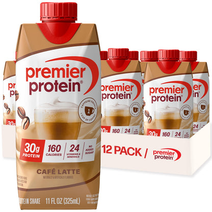 Premier Protein Cafe Latte protein shake packaging with a 12-pack box in the background.