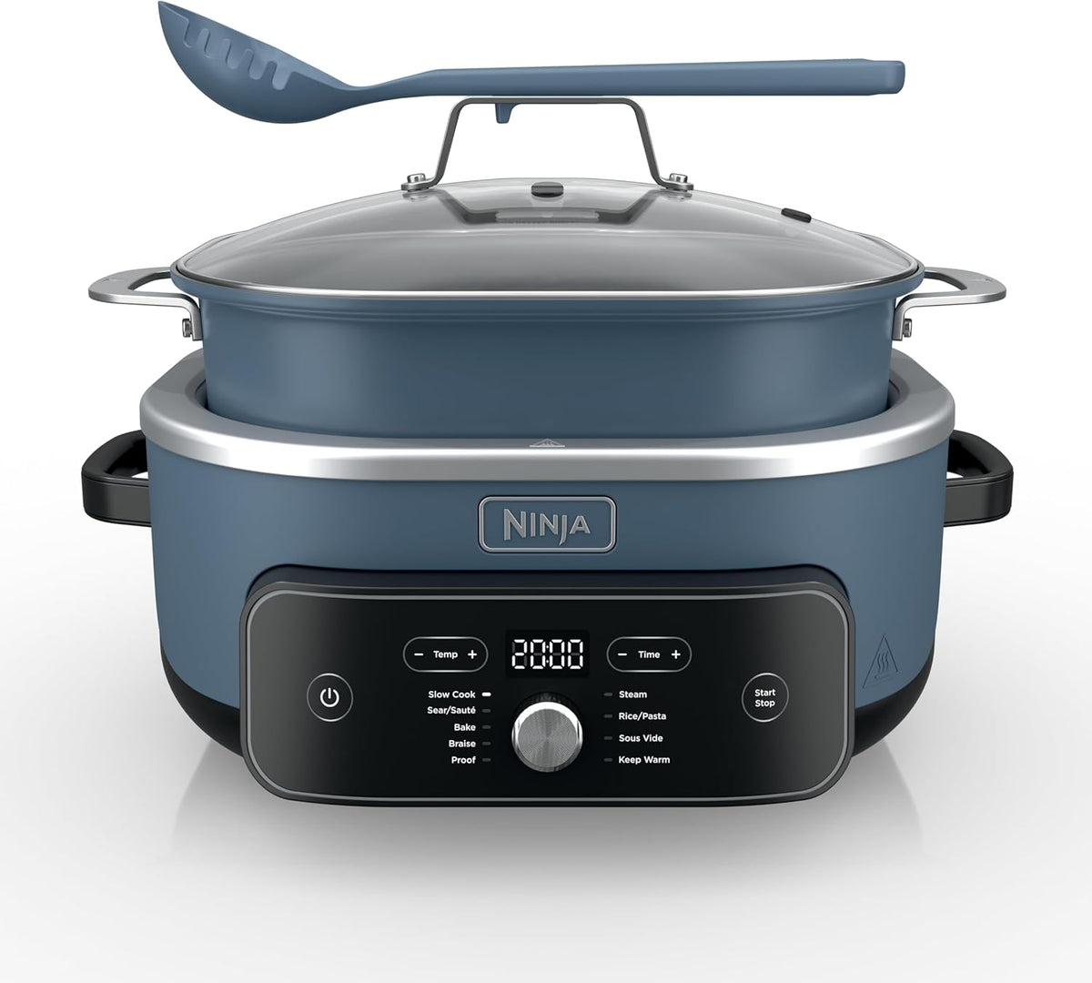 Ninja multi-cooker with a blue ladle on a white background