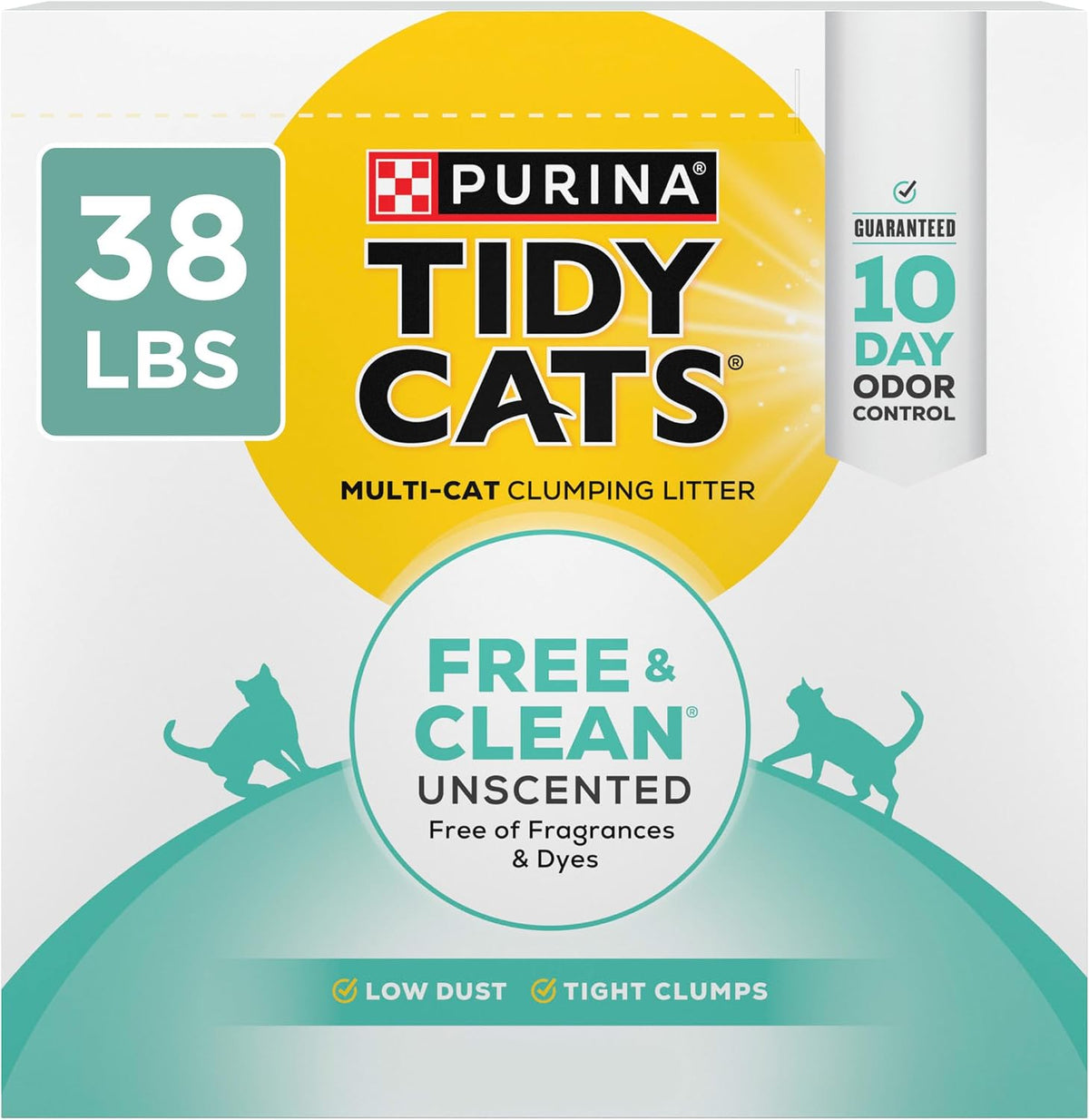 Purina Tidy Cats Free & Clean unscented clumping cat litter, 38 lb white box with yellow and teal accents