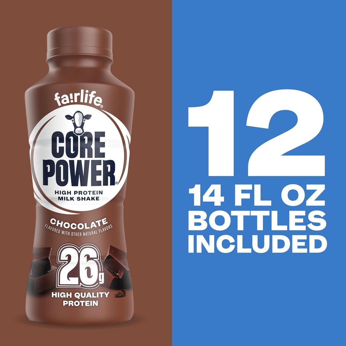 Fairlife Core Power chocolate milkshake bottle on a brown and blue background with text about quantity.