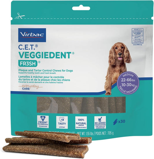 Virbac C.E.T. Veggiedent FR3SH Medium dental chews, teal and white 30-count pouch with chews in front