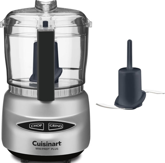 Cuisinart Mini Prep Plus food processor in silver and black with a clear bowl, shown alongside a dark gray blade accessory on a white background.