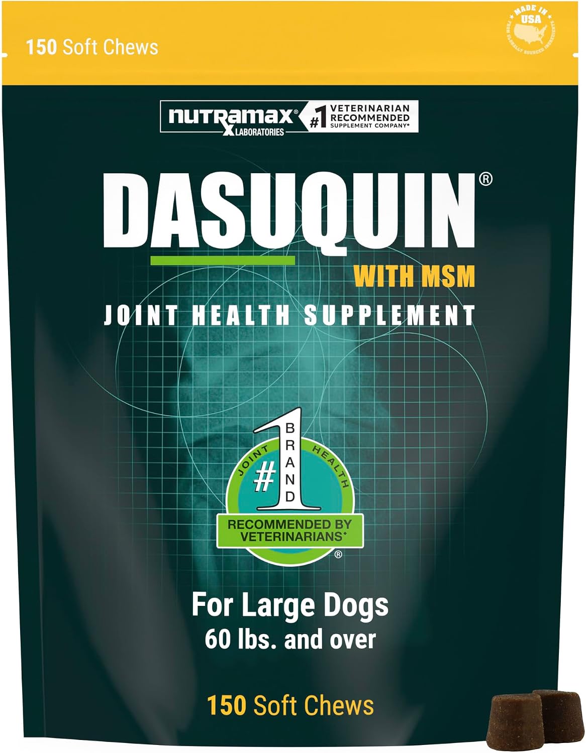 Nutramax Dasuquin with MSM for large dogs 60 lb and over, green and yellow 150-count pouch with two soft chews
