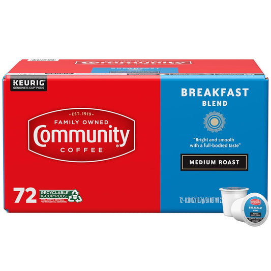 Community Coffee Breakfast Blend medium roast, red and blue 72-count K-Cup box with two pods