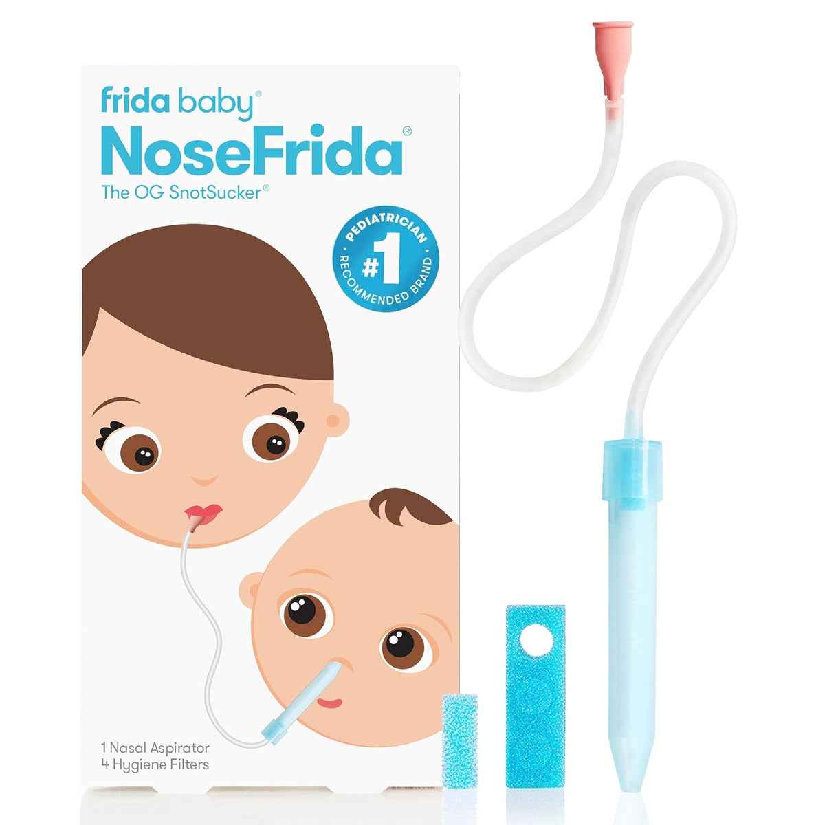 Frida NoseFrida nasal aspirator beside baby-care supplies