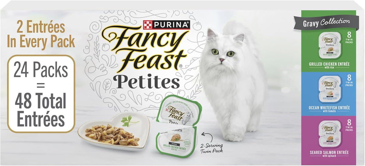 Purina Fancy Feast Petites Gravy Collection, white variety box with 24 twin packs, 48 entrées and a white cat