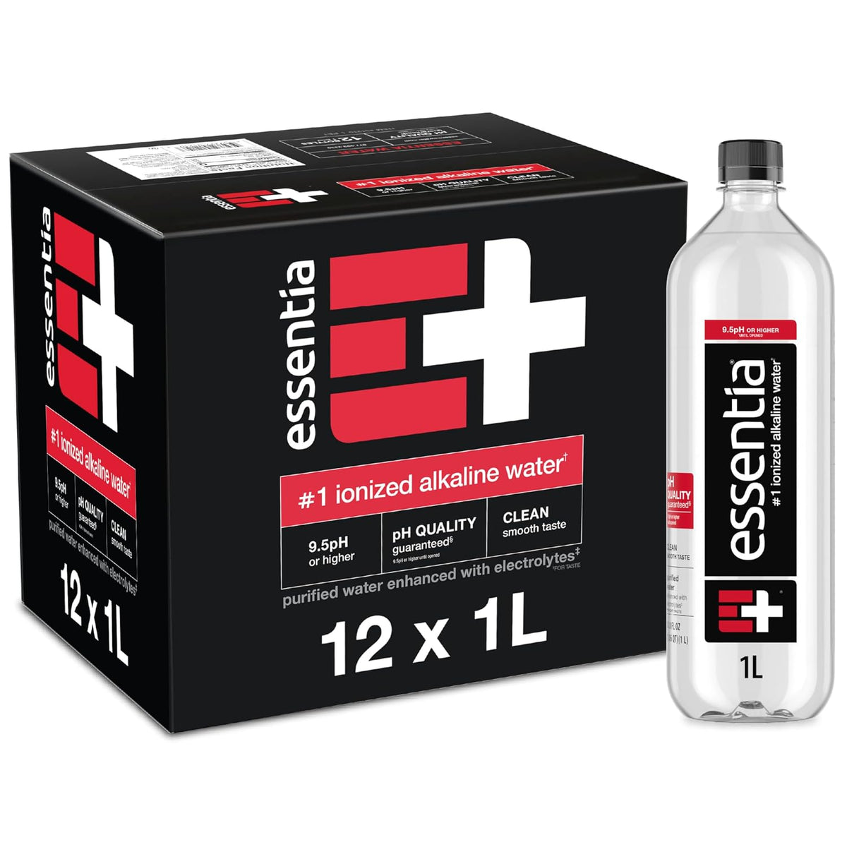 Essentia ionized alkaline water 12 pack of 1-liter bottles, labeled 9.5+ pH until opened