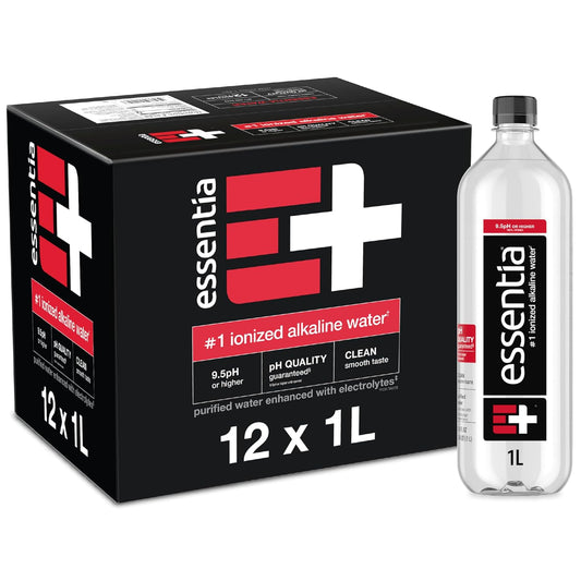 Essentia ionized alkaline water 12 pack of 1-liter bottles, labeled 9.5+ pH until opened