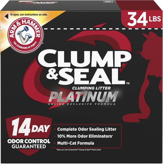 ARM & HAMMER Clump & Seal Platinum multi-cat clumping litter, 34 lb black and red box with cat silhouettes