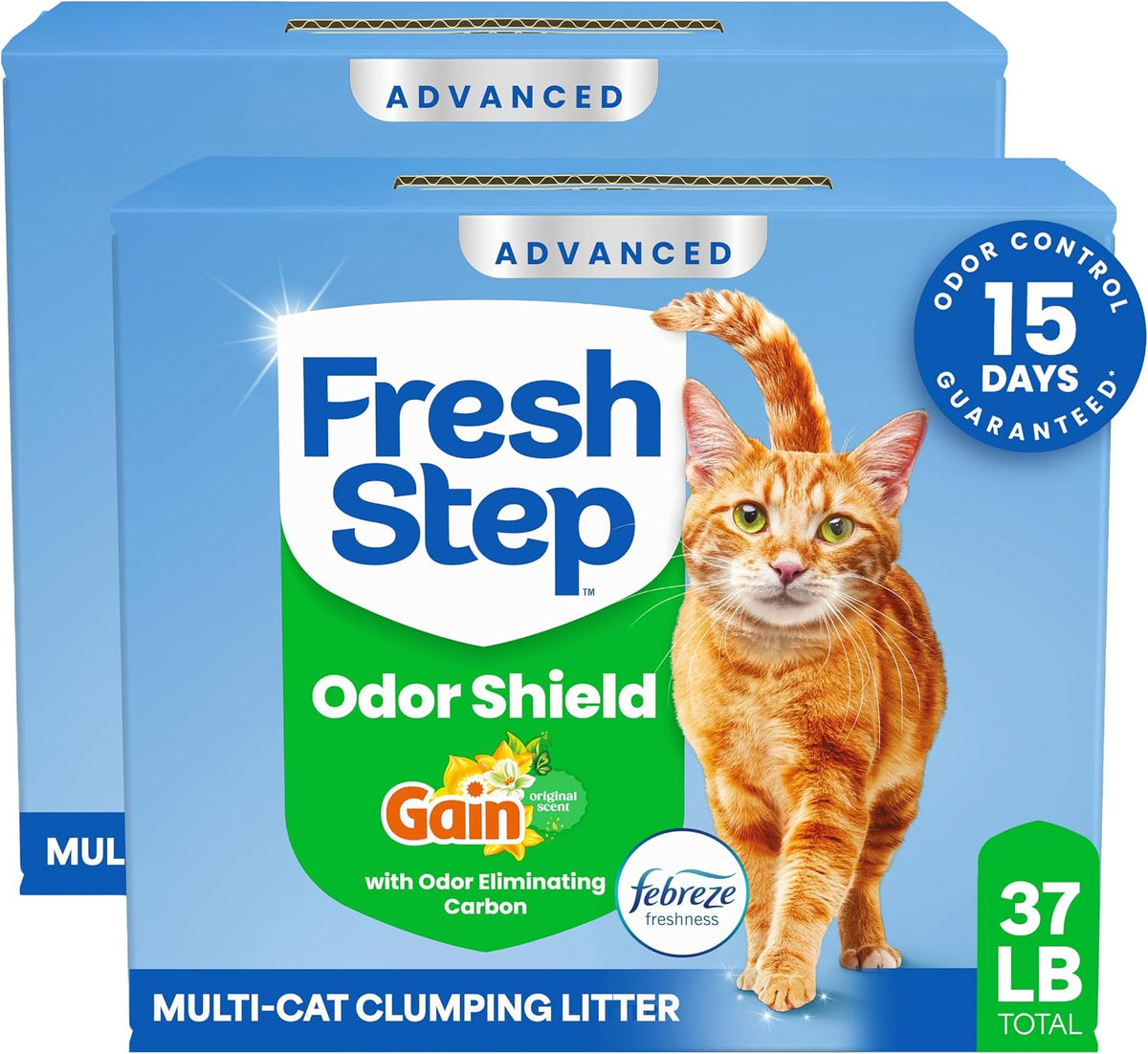 Fresh Step Advanced Odor Shield Gain clumping cat litter, two blue boxes totaling 37 lb, featuring an orange tabby cat
