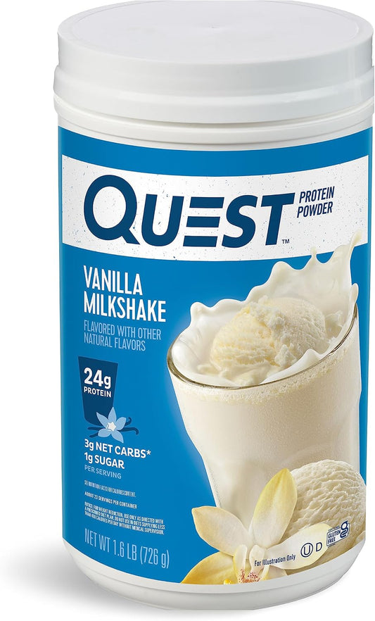 Quest Vanilla Milkshake protein powder container on a white background