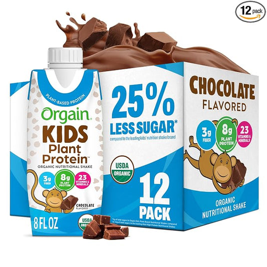 Orgain Kids Plant Protein Chocolate Flavored 12-pack carton and box packaging on a white background with chocolate splashes and chocolate chunks. The front carton shows blue and white design with '25% Less Sugar' and '12 Pack' text, and the side box shows 'Chocolate Flavored' and product details.