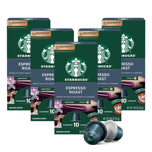 “Five 10-count boxes of Starbucks Espresso Roast Nespresso Original dark roast coffee with capsules in front, 50 count total.”