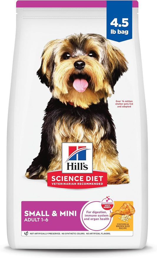 Hill’s Science Diet Small & Mini Adult 1–6 Chicken & Brown Rice dry dog food, 4.5 lb white bag featuring a small dog