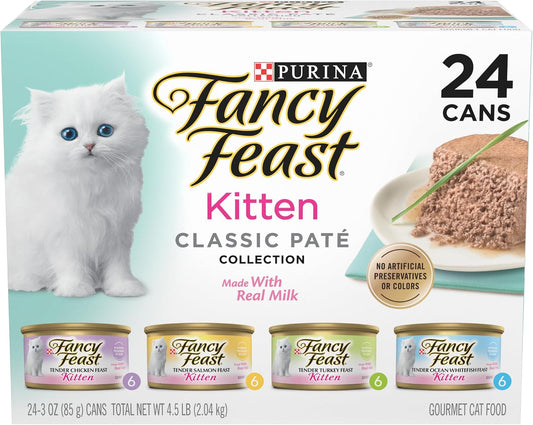Purina Fancy Feast Kitten Classic Pâté variety pack, 24 × 3 oz cans in a white and mint box featuring a white kitten
