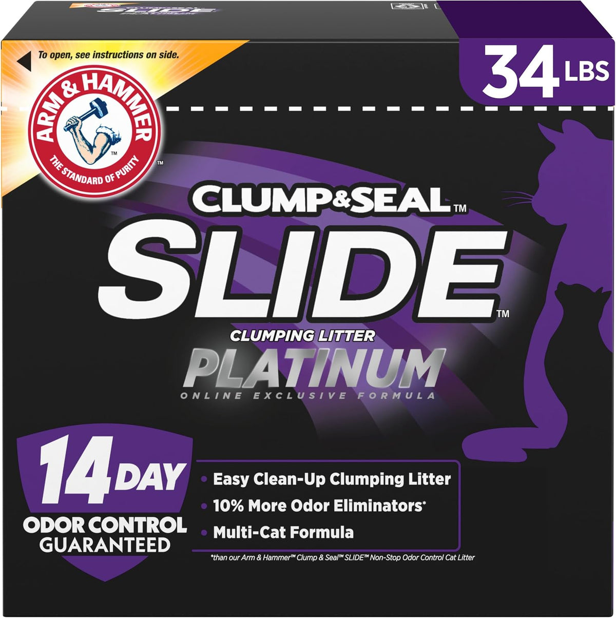 ARM & HAMMER Clump & Seal Slide Platinum clumping cat litter, 34 lb black and purple box with cat silhouettes