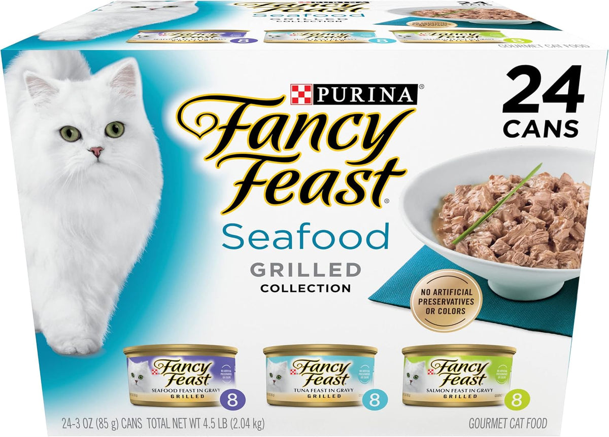 Purina Fancy Feast Grilled Seafood wet cat food, 24-pack of 3 oz cans in a white and teal box featuring a white cat
