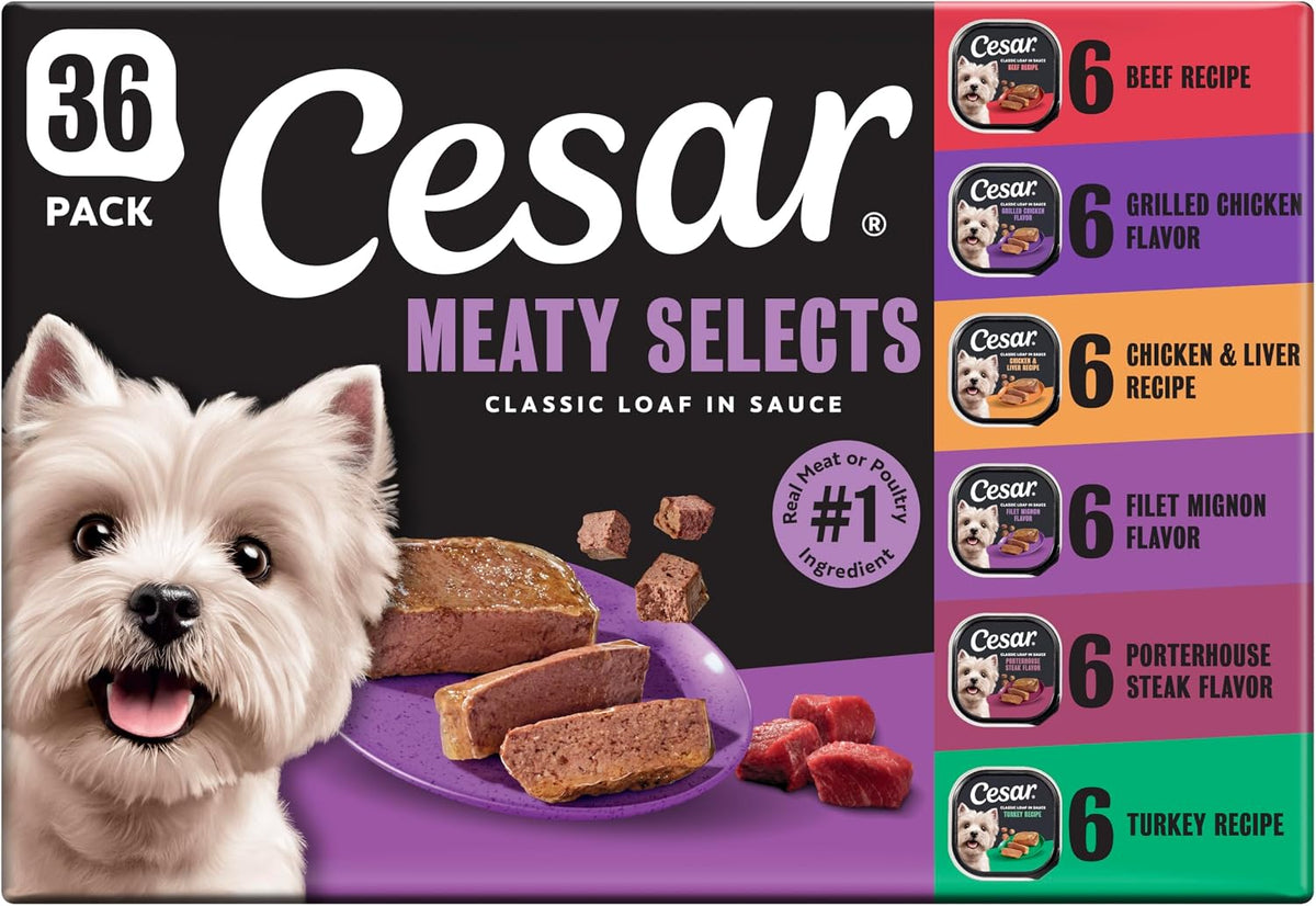 Cesar Meaty Selects Classic Loaf in Sauce wet dog food, 36-pack box with a white terrier and six recipe varieties