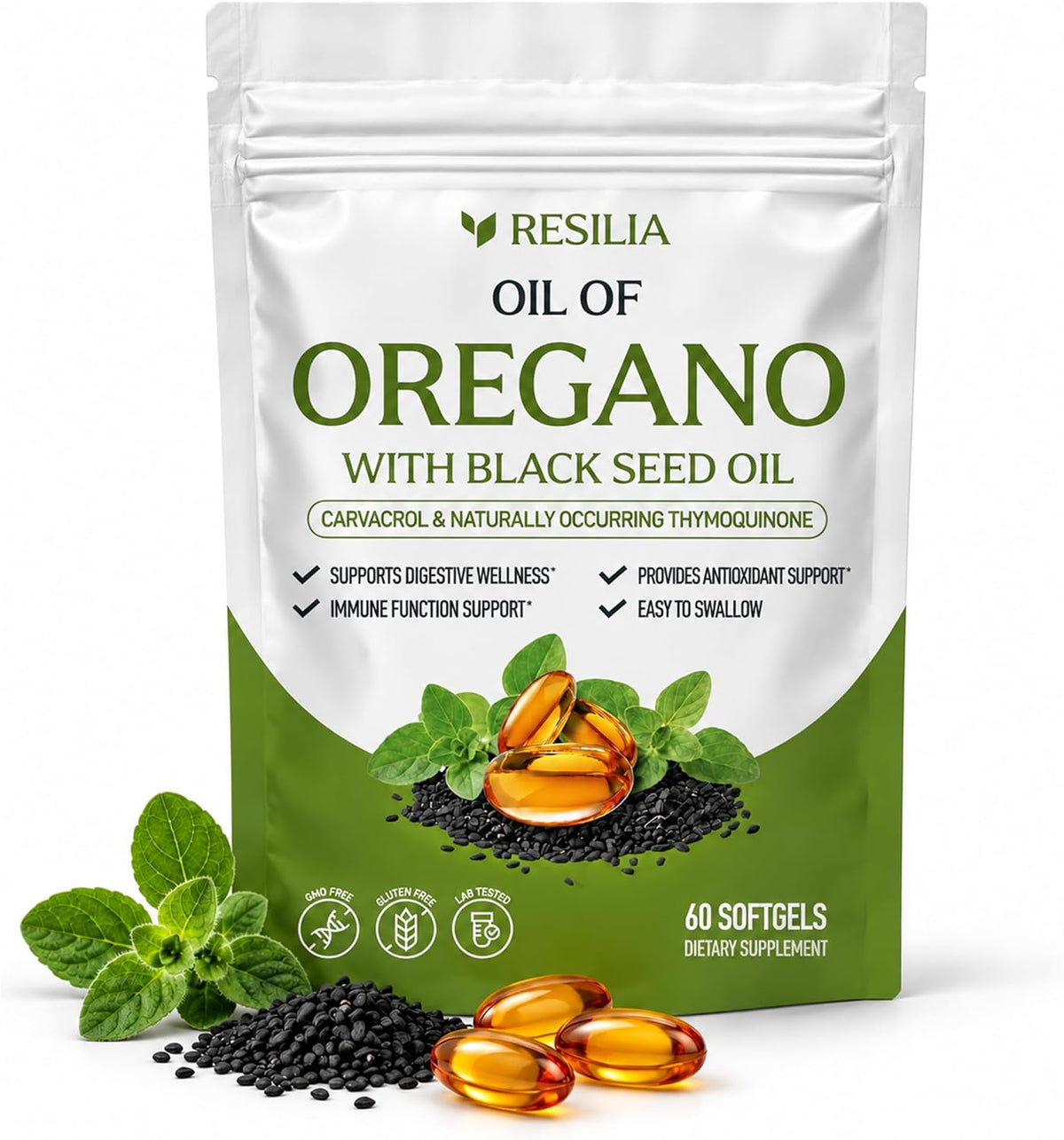 Resilia oregano oil capsules with black seed oil, 60-softgel bottle