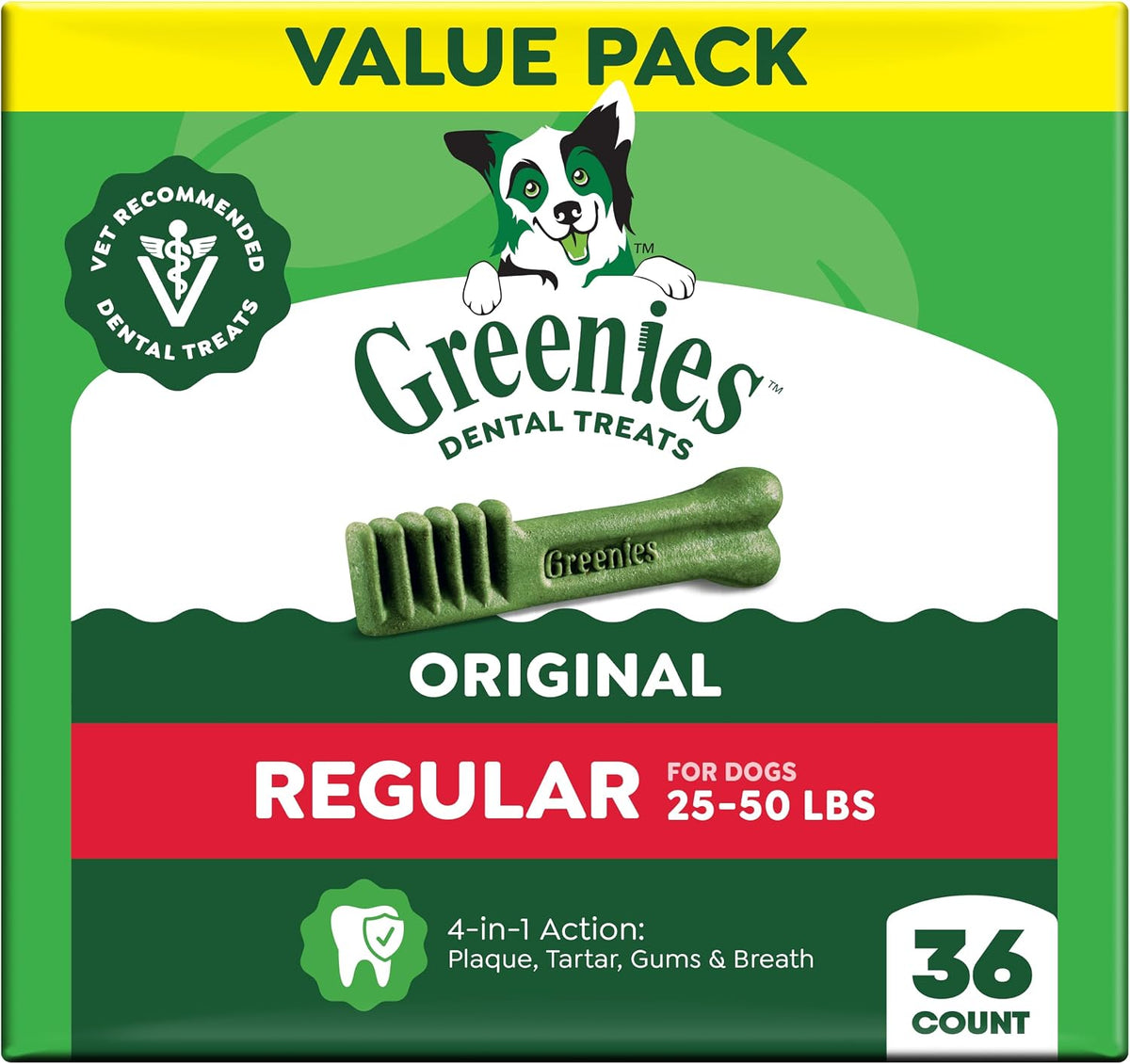 Greenies Original Regular dental dog treats, 36-count green value pack for dogs 25–50 lb, with toothbrush-shaped chew