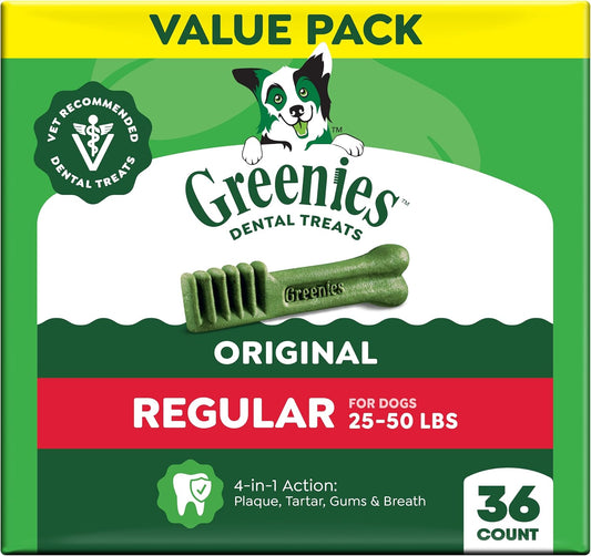 Greenies Original Regular dental dog treats, 36-count green value pack for dogs 25–50 lb, with toothbrush-shaped chew