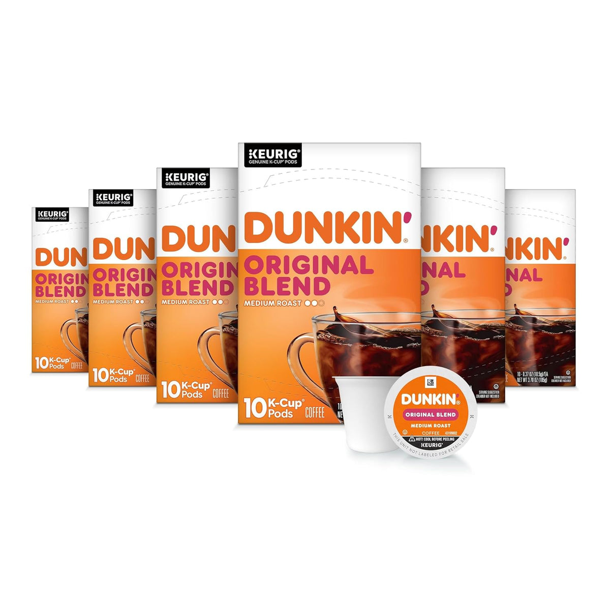 “Six 10-count boxes of Dunkin’ Original Blend medium roast K-Cup coffee pods with two pods in front, 60 count total.”