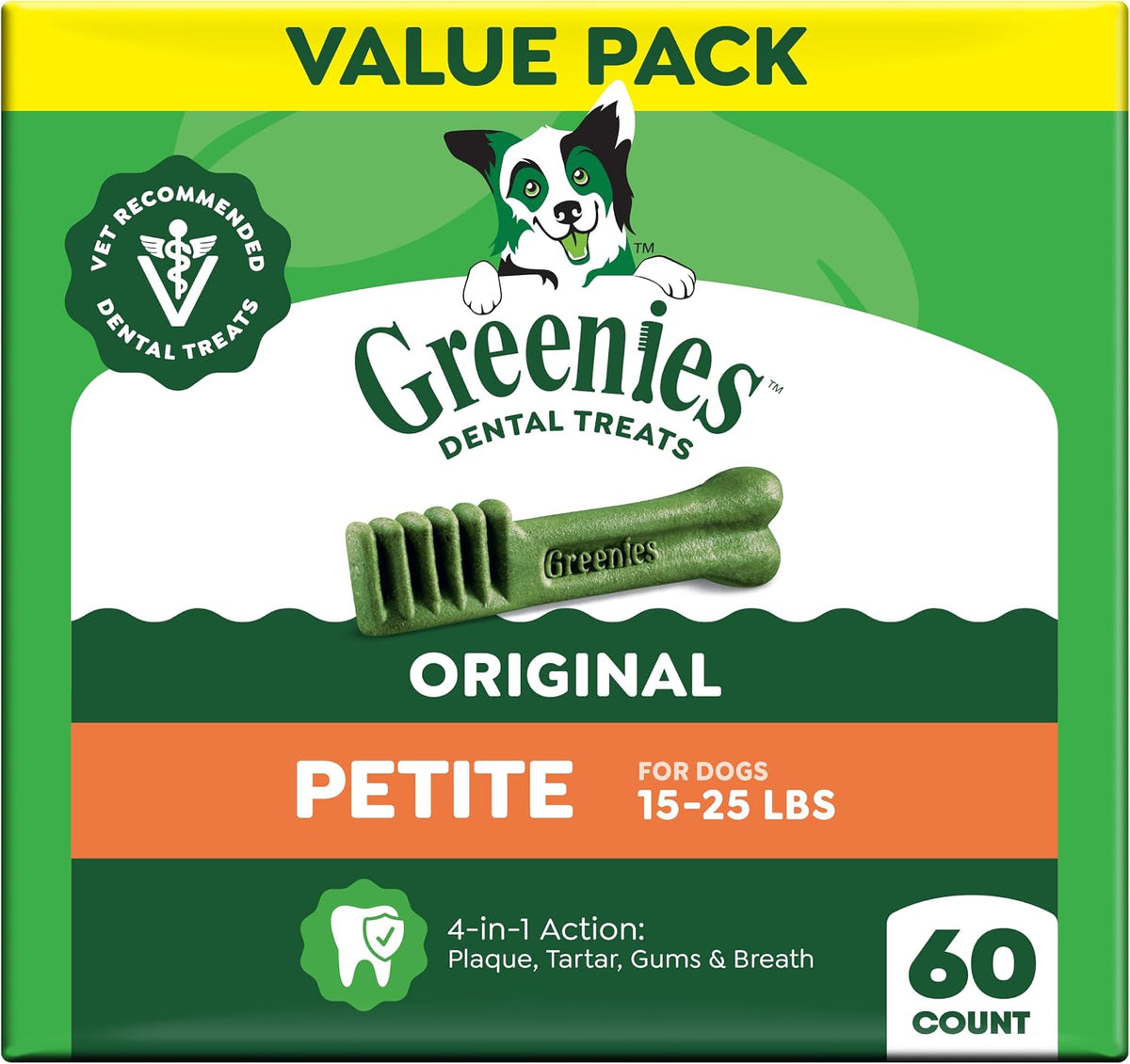 Greenies Original Petite dental dog treats, 60-count green value pack for dogs 15–25 lb, with toothbrush-shaped chew