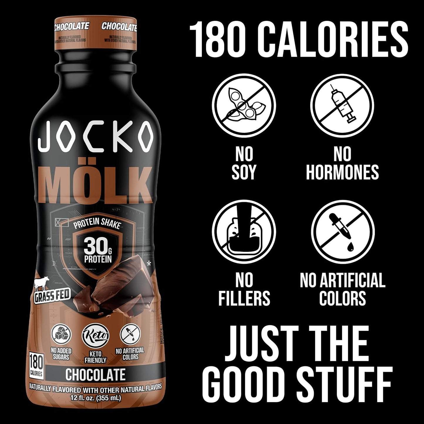 Jocko Fuel High Protein Shake – Chocolate, 12 fl oz, 12-Pack | 30g Grass Fed Protein