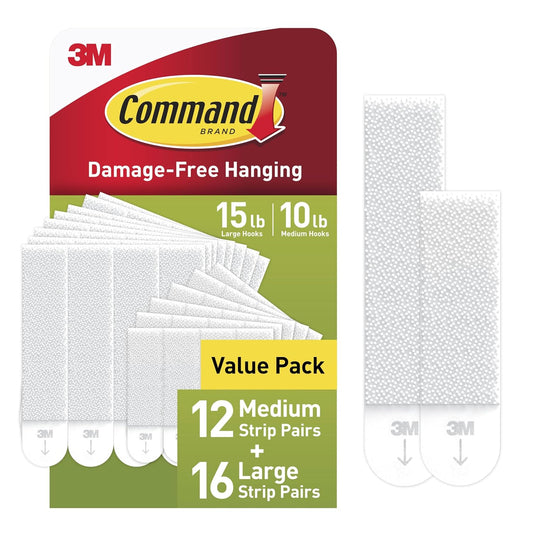 Command white picture hanging strips value pack showing 12 medium pairs, 16 large pairs and two strip sizes