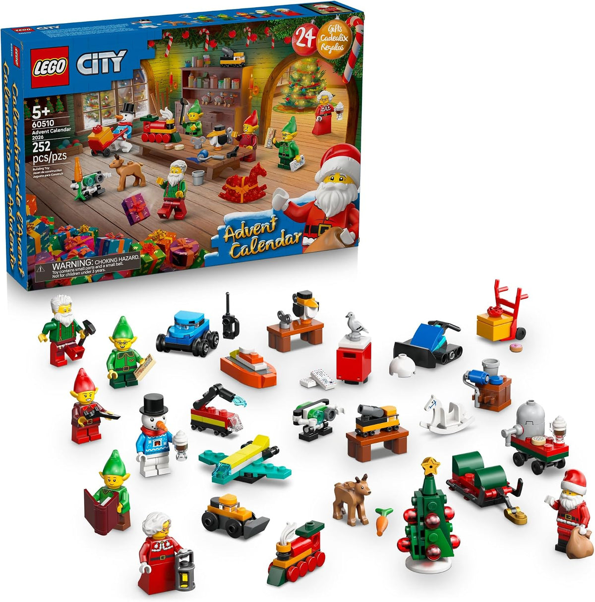 LEGO City Advent Calendar set 40610 shown with its retail box and the assembled minifigures and small vehicles arranged in front on a white background.