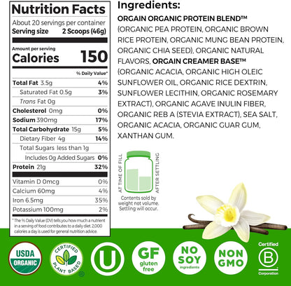Nutrition facts and ingredients label for a protein blend with vanilla flavor.