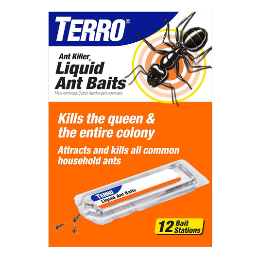 Terro ant killer packaging with an ant illustration and product details on an orange background