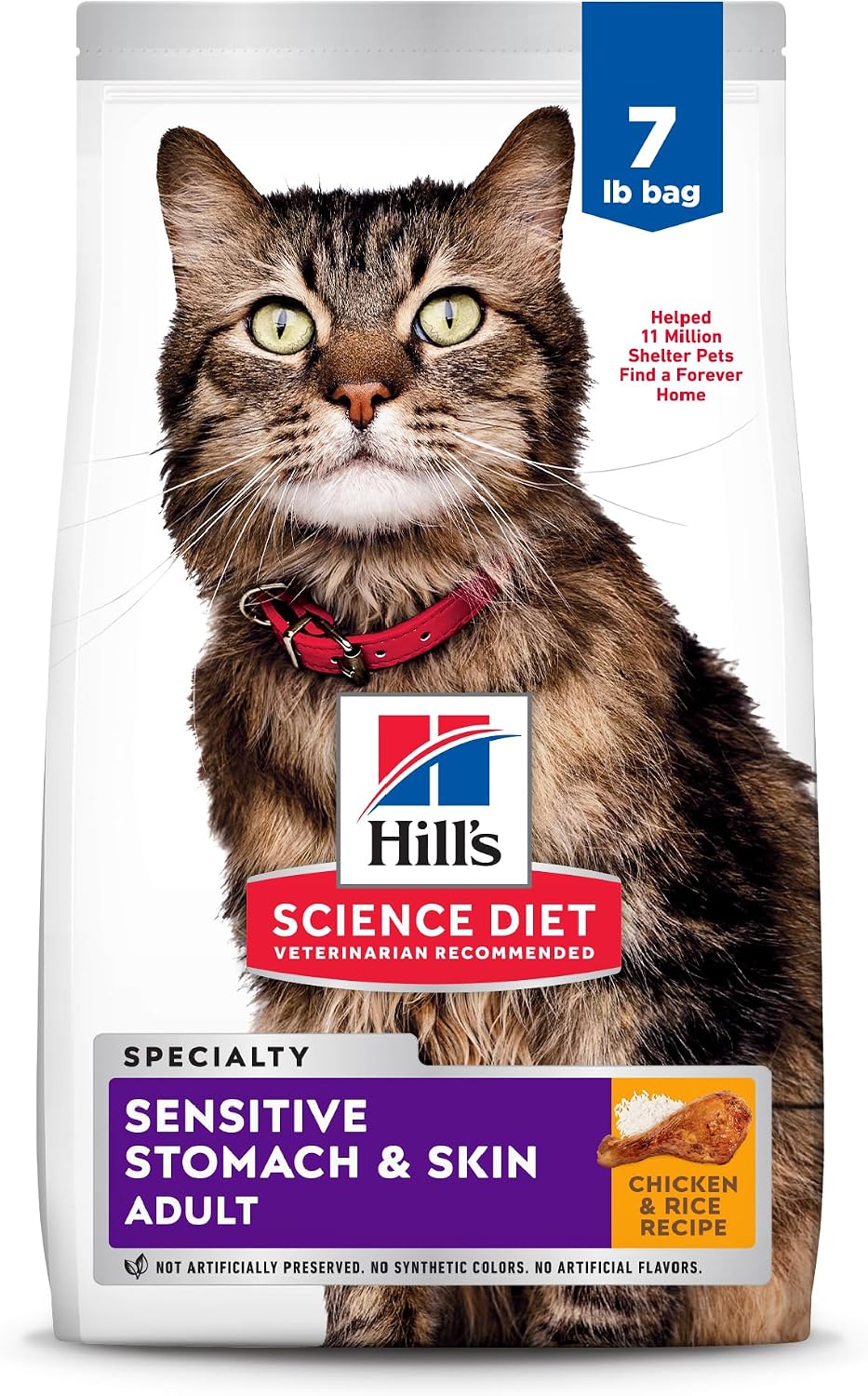 Hill's Science Diet Sensitive Stomach & Skin adult cat food, Chicken & Rice, 7 lb white bag featuring a tabby cat