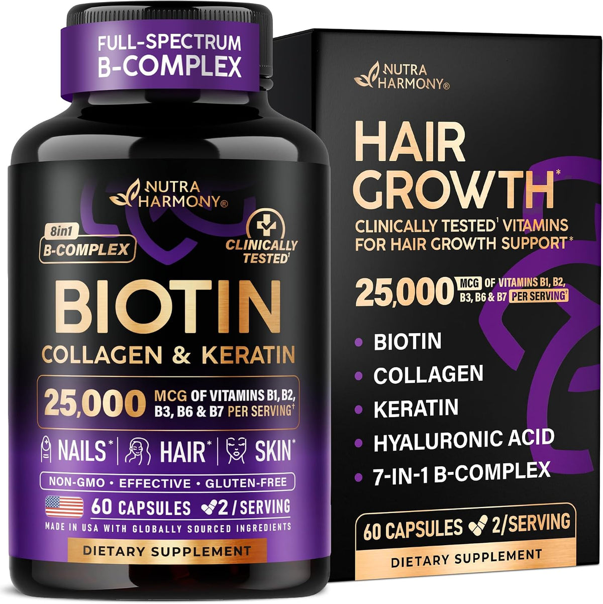 Biotin, collagen and keratin hair, skin and nails supplement, 60-capsule bottle,