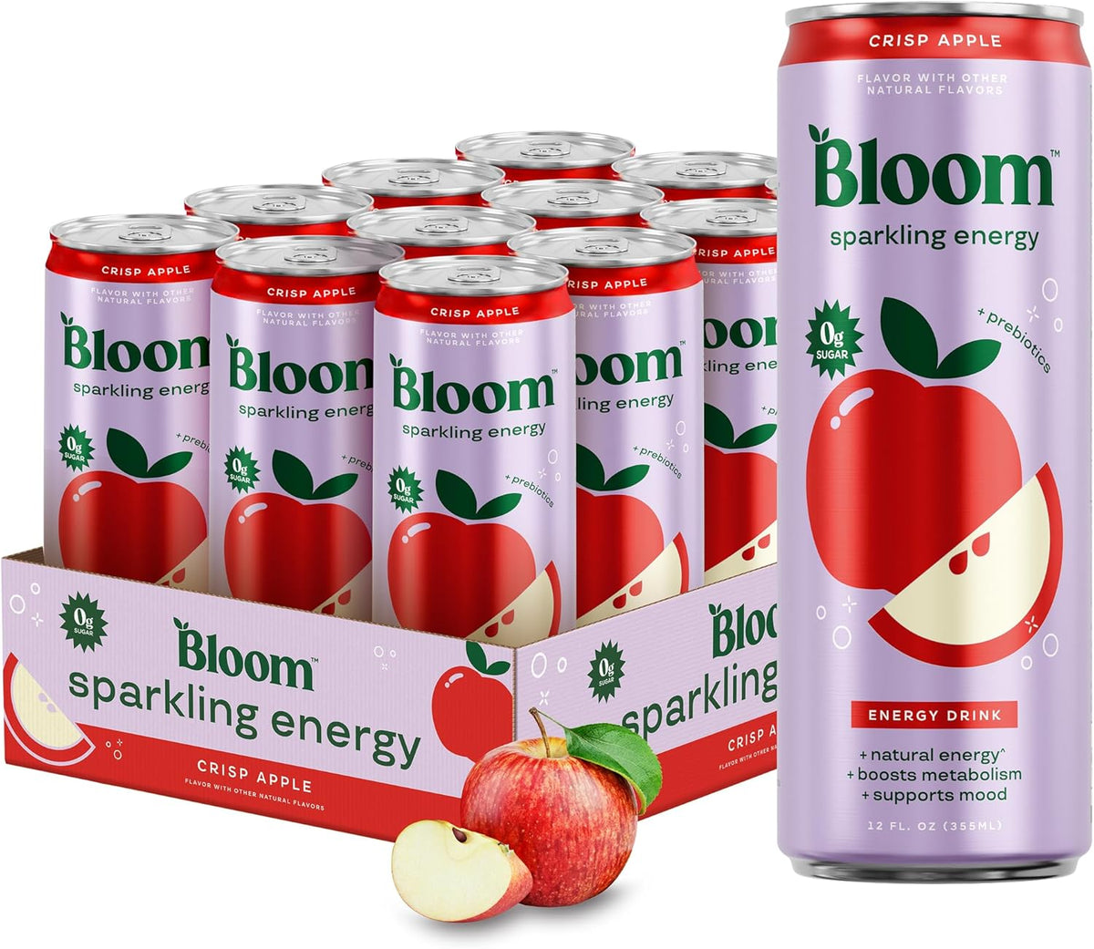 Bloom Nutrition Apple Crisp zero-sugar energy drink 12 pack, 12 oz each