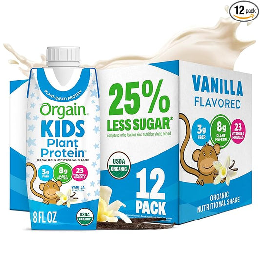 Orgain Organic Kids vanilla protein shake 8 fl oz carton, front view, 8g plant protein