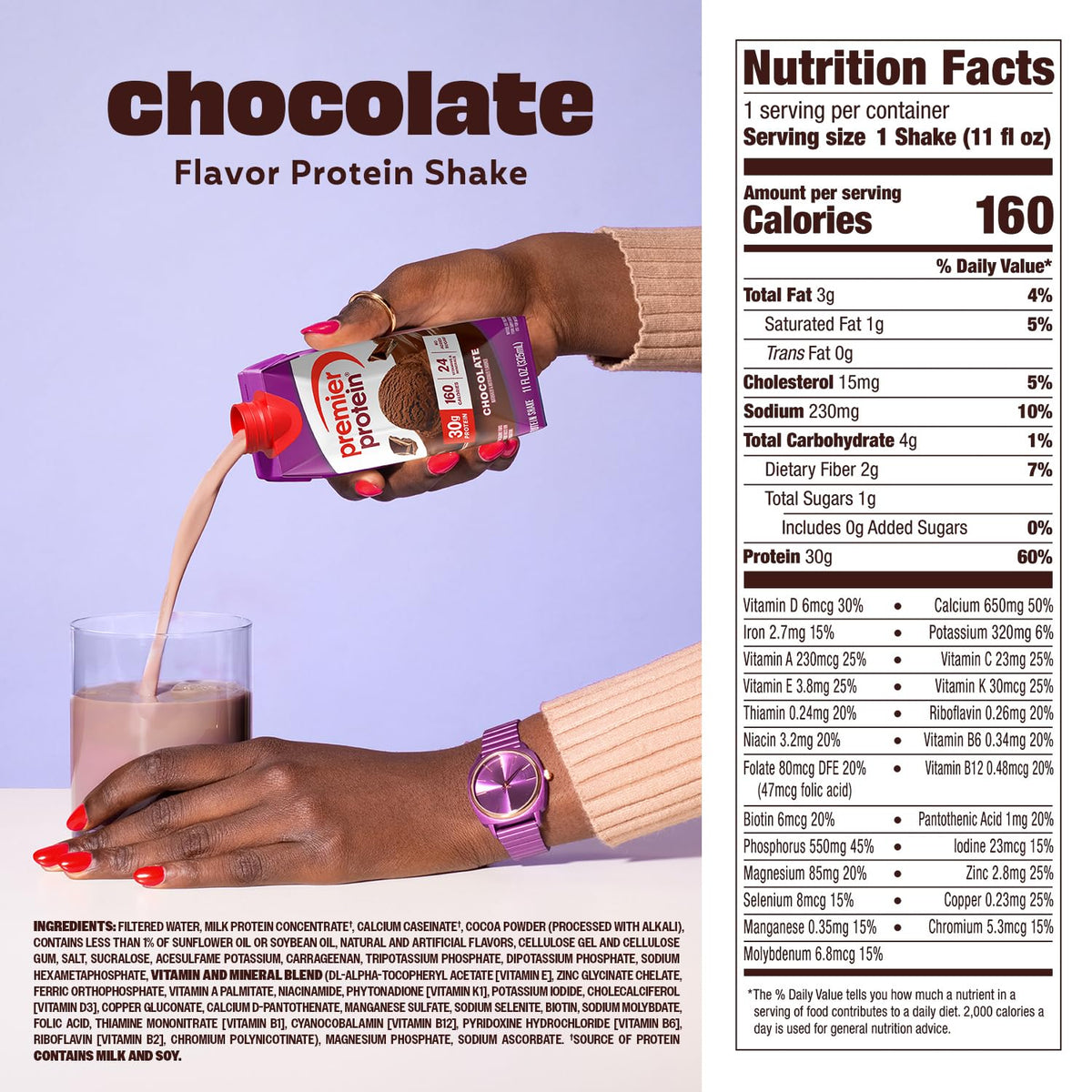 Chocolate flavor protein shake being poured into a glass with nutrition facts label on the right.