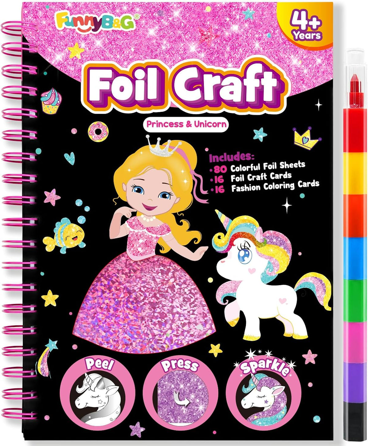 FUNNYB&G foil art craft kit with princess and unicorn cover, spiral binding and multicolor drawing tool