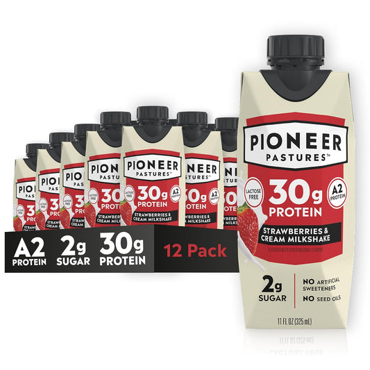 A 12-pack of Pioneer Pastures 30g protein milkshakes in Strawberry & Cream flavor, shown as individual carton packs and a multi-pack display on a clean white background.