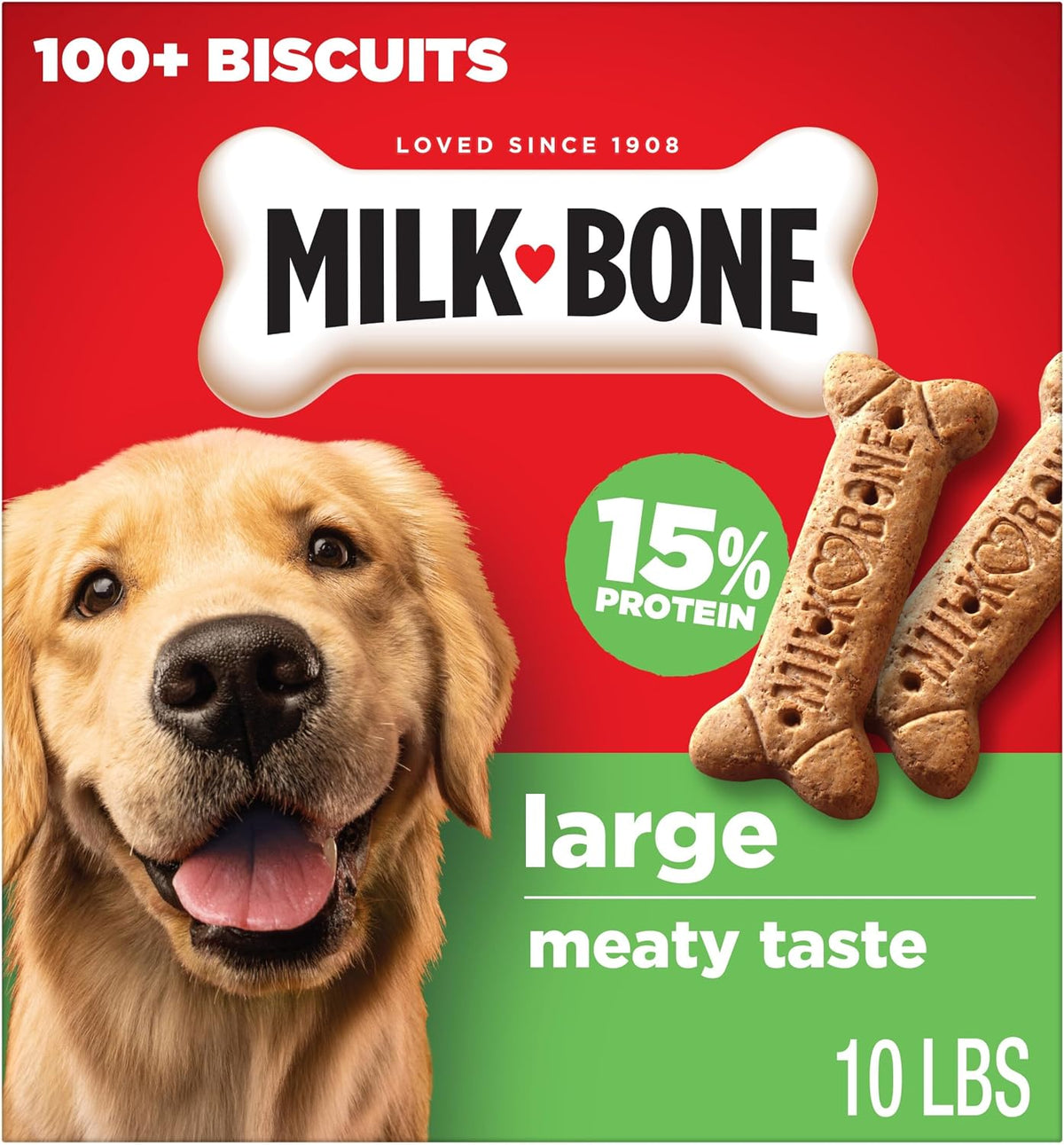 Milk-Bone Large dog biscuits, 10 lb red and green box featuring a golden retriever and bone-shaped treats
