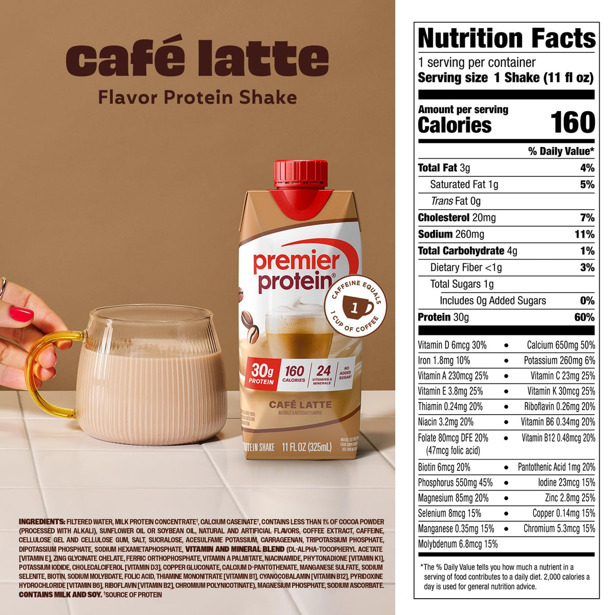 Premier Protein Cafe Latte flavor protein shake with nutrition facts label